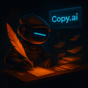 AInstain robot with a single cyan dash eye kneels at a wooden desk writing with an orange quill while a glowing “Copy.ai” hologram floats beside it in a dark sci-fi workspace.