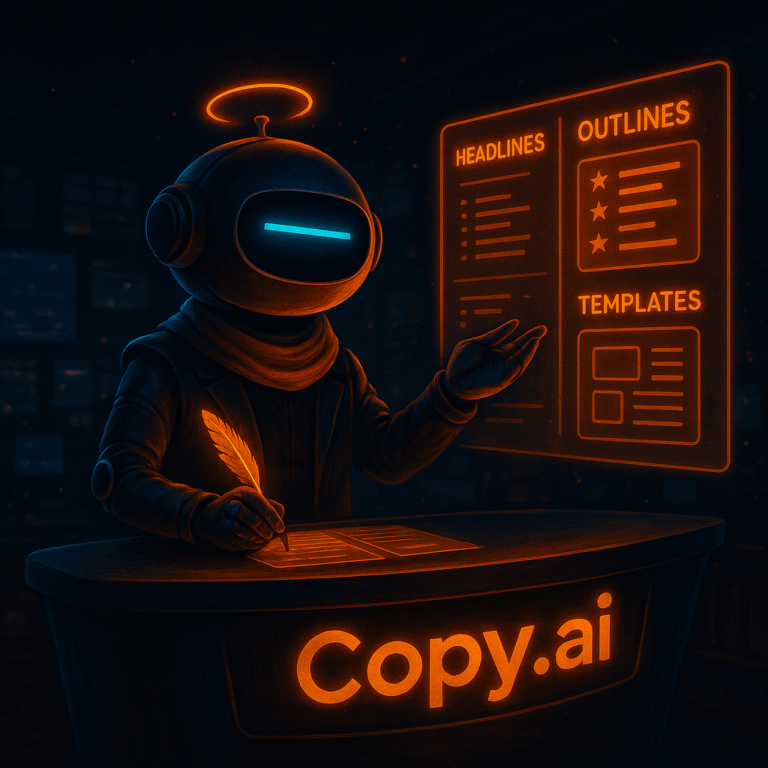 AInstain robot with a single long cyan dash eye at a glowing Copy.ai news desk writes with a quill and points to holographic panels showing headlines, outlines, and templates under cinematic lighting.