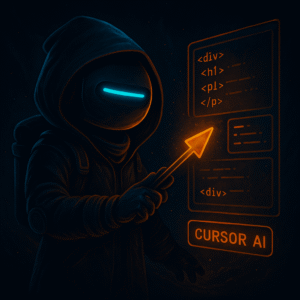 AInstain robot with a single long cyan dash eye holds a glowing orange cursor pointer and edits floating HTML code panels in a dark sci-fi editor.