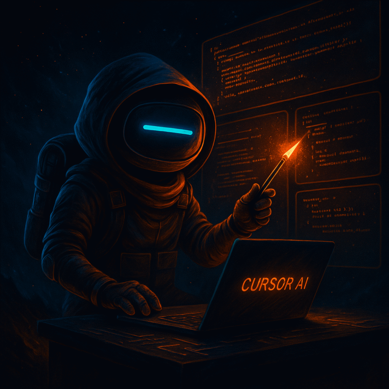 AInstain robot with a single long cyan dash eye edits floating code panels with a glowing cursor wand over a laptop labeled “Cursor AI” under epic sci-fi lighting.