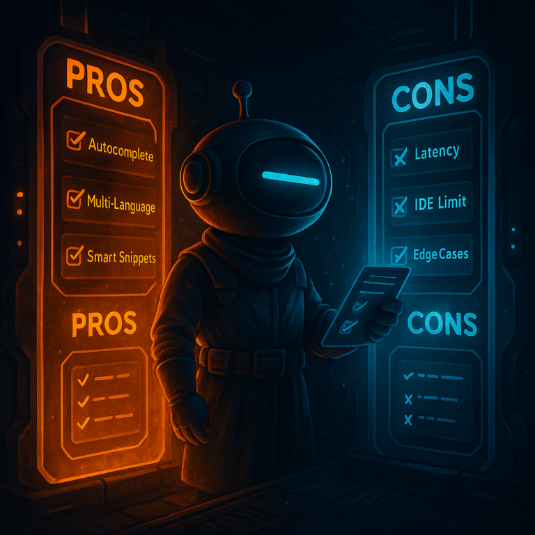 AInstain robot with a single long cyan dash eye stands between glowing pillars labeled “Pros” and “Cons” with coding features, holding a holographic tablet in a sci-fi lab.