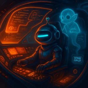 Robot mascot with a single cyan dash eye sits in a neon-lit cockpit typing at glowing controls while a cyan holographic co-pilot hovers nearby; a small badge reads “GitHub Copilot.”