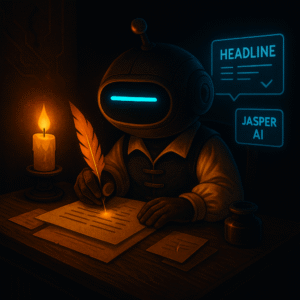 Robot mascot with a single cyan dash eye writes with an orange quill at a candlelit desk, with cyan holographic headline/checklist panels and a small “JASPER AI” label in the background.