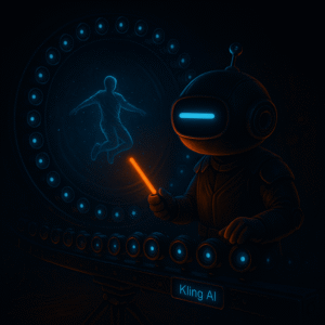 Robot mascot with a single cyan dash eye activates a circular ring of cameras around a floating holographic figure; a tiny rail badge says “Kling AI.”