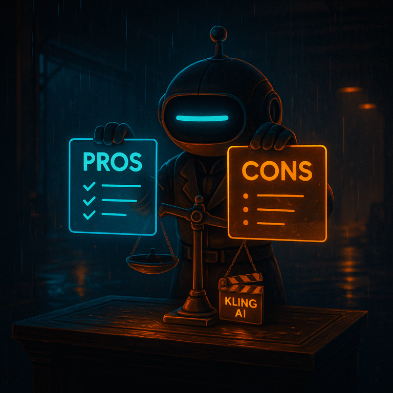 Robot mascot with a single cyan dash eye holds up cyan “PROS” and orange “CONS” holographic panels over a scale on a dark bench; a tiny clapperboard label says “Kling AI.”
