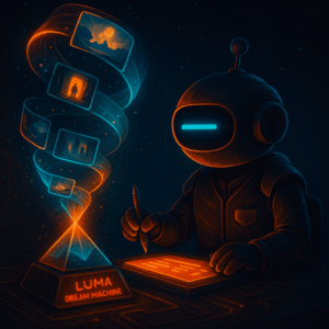Robot mascot with a single cyan dash eye generates holographic video frames spiraling out of a pyramid device labeled “Luma Dream Machine” while writing on a glowing prompt tablet.