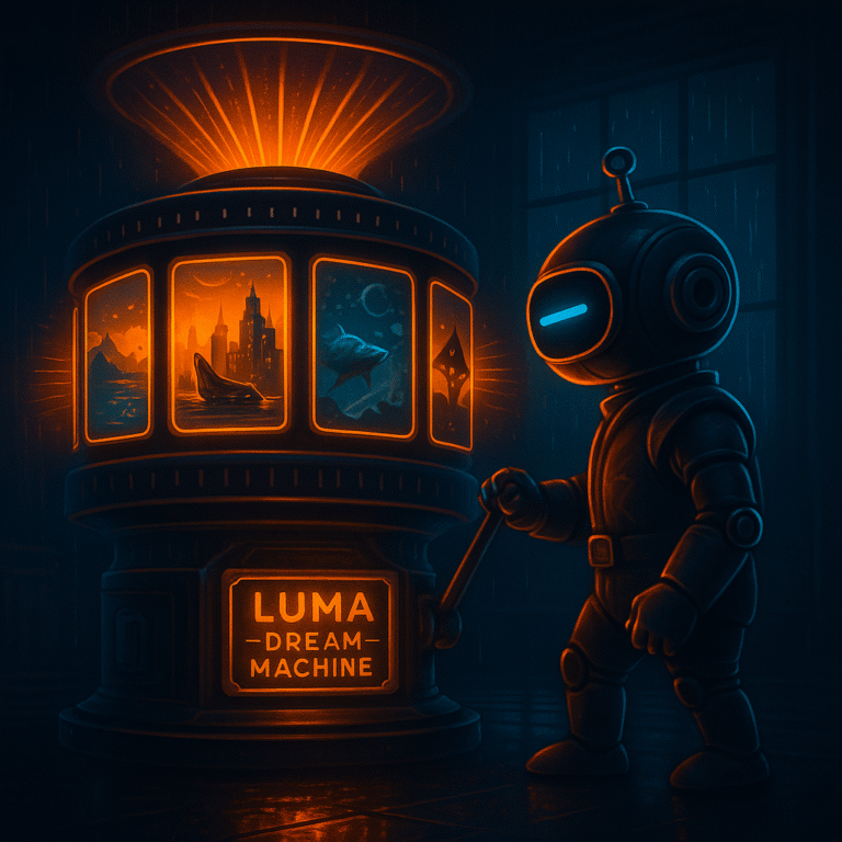 Robot mascot with a single cyan dash eye cranks a giant glowing zoetrope labeled “Luma Dream Machine,” whose windows display different scenes inside a dark factory.