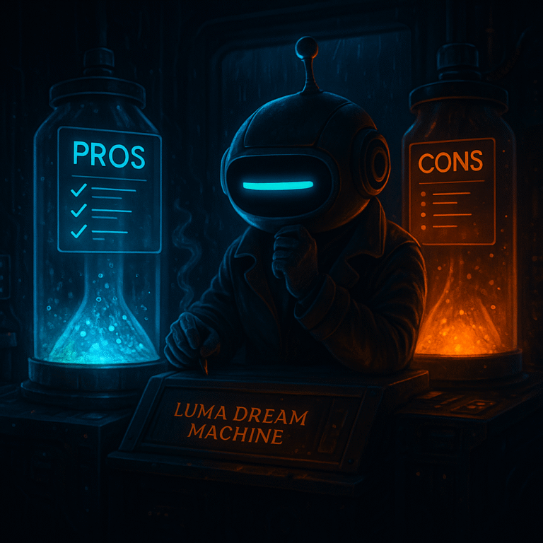Robot mascot with a single cyan dash eye sits at a dark console between two glowing glass cylinders labeled PROS (cyan) and CONS (orange); the console plaque says “Luma Dream Machine.”