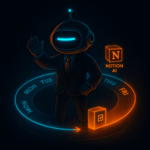 Robot mascot with one cyan dash eye, wearing a suit, stands in a neon circular week calendar moving a task block; a small holographic label says “Notion AI.”