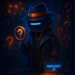 Robot mascot with a single cyan dash eye, wearing a trench coat and fedora, holds a glowing magnifying glass; holographic graphs and a small “Perplexity AI” briefcase label in the background.