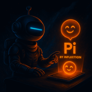 AInstain robot with a single long cyan dash eye points at a glowing holographic Pi orb above a tablet, smiling under dramatic sci-fi lighting.