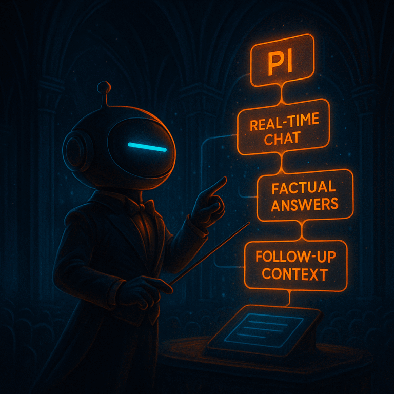 AInstain robot with a single long cyan dash eye dressed in a conductor’s suit waves a baton at glowing orange chat flowchart panels in a futuristic cathedral setting.