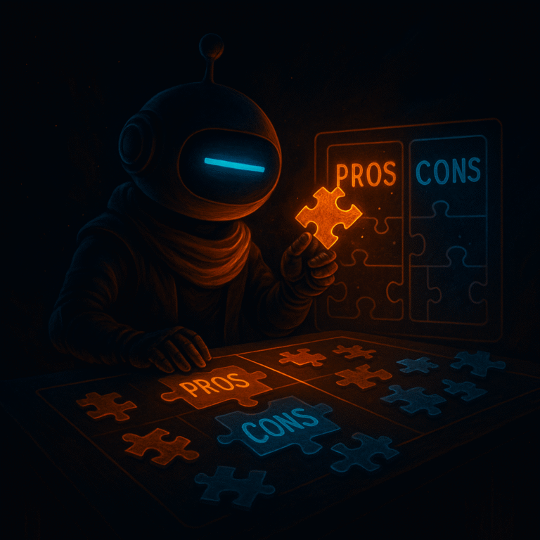 Alt Text: AInstain robot with a single long cyan dash eye places a glowing puzzle piece into the “Pros” section of a holographic puzzle board, with “Cons” in cyan on the opposite side under sci-fi lighting.