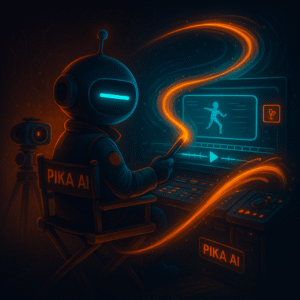 Robot mascot with a single cyan dash eye sits in a director’s chair, shaping a holographic video timeline with an orange motion-brush; a subtle badge says “Pika AI.”