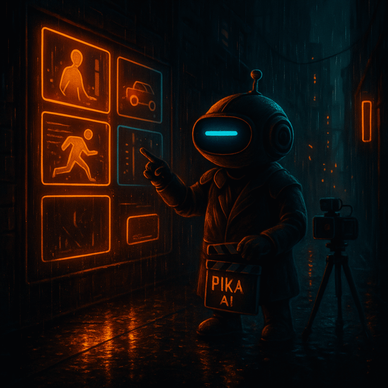 Robot mascot with a single cyan dash eye points at an orange-lit storyboard in a dark rainy alley, one frame glowing cyan, with a small clapperboard labeled “PIKA AI.”