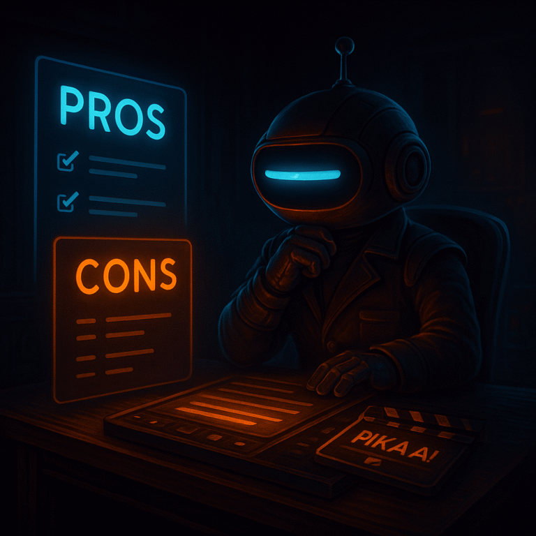 Robot mascot with a single cyan dash eye evaluates cyan “PROS” and orange “CONS” holographic panels at a dark editing desk; a small clapperboard reads “PIKA AI.”