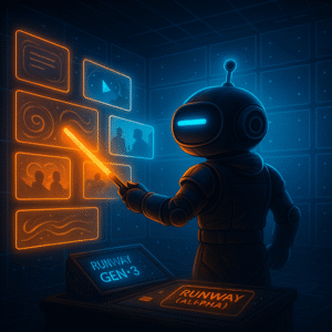 Robot mascot with a single cyan dash eye points an orange wand at holographic video tiles inside a blue LED cube studio; a small console label says “Runway Gen-3 (Alpha).”
