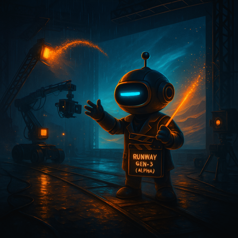 Robot mascot with a single cyan dash eye stands on a wet film set, holding a clapperboard labeled “Runway Gen-3 (Alpha)” and an orange wand in front of a large LED backdrop and camera crane.