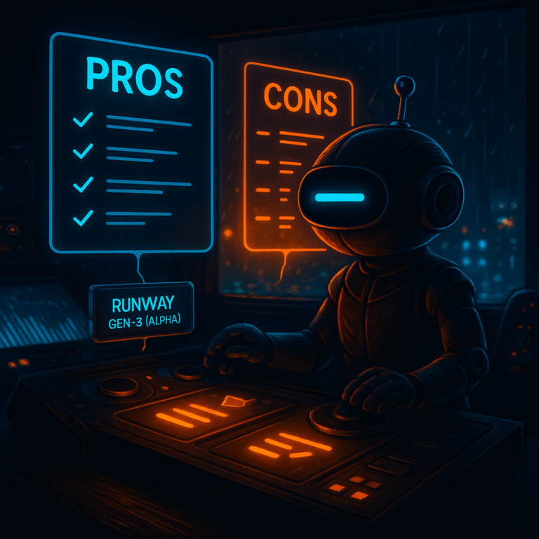 Robot mascot with a single cyan dash eye sits at a grading console comparing cyan “PROS” and orange “CONS” holographic panels; a small badge says “Runway Gen-3 (Alpha).”