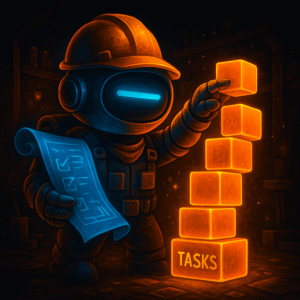 AInstain robot with a single long cyan dash eye in a construction helmet holds a glowing blueprint and stacks neon task blocks labeled "TASKS" in a dark sci-fi workshop.
