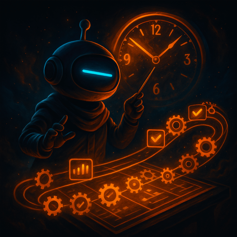 AInstain robot with a single long cyan dash eye stands before a glowing clockface wielding a baton, directing a stream of gears and checkmarks on a holographic timeline under cinematic lighting.