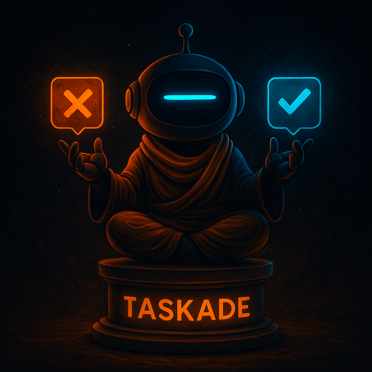 AInstain robot in lotus position with a single long cyan dash eye balances an orange checkmark icon in one hand and a blue cross icon in the other atop a pedestal labeled “TASKADE” in epic sci-fi lighting.