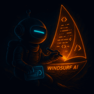 AInstain robot with a single long cyan dash eye paints glowing code onto a sail labeled with a subtle “Windsurf AI” hologram under epic sci-fi lighting.