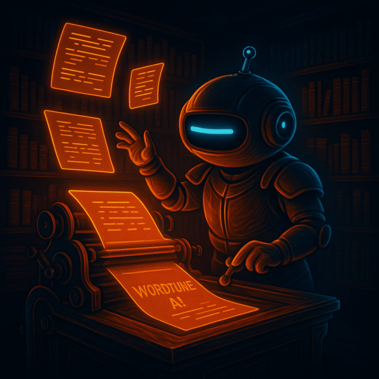 A sleek robot mascot with a single cyan dash eye stands at a futuristic printing press in a dark library, bathed in orange light, turning printed pages labeled “WORDTUNEAI,” with cyan accents on its visor, controls, and floating holographic sheets.