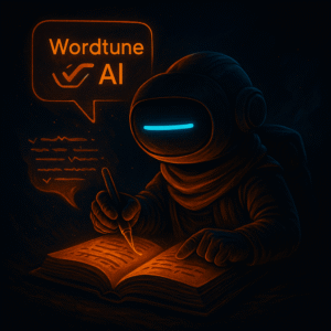 A sleek robot mascot with one cyan dash eye stands at a wooden lectern in a dark sci-fi hall, turning a page in an open book while pointing at glowing orange holographic sheets and a small “WordtuneAI” badge, illuminated by contrasted orange and cyan lights.