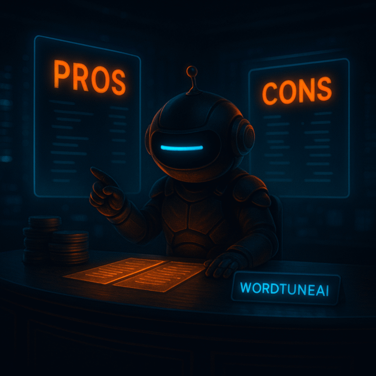 A modern robot mascot with a single cyan dash eye sits at a futuristic news desk, pointing at orange-lit holographic panels labeled “PROS” and “CONS,” illuminated by cyan and orange sci-fi lighting, with a cyan “WordtuneAI” badge on the desk.