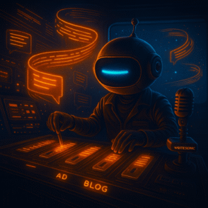 Robot mascot with a single cyan dash eye mixes copy on a futuristic console with glowing sliders as orange text ribbons float around; a small mic badge says “Writesonic.”