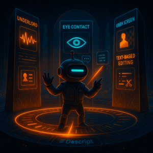 Robot mascot with a single cyan dash eye presents three giant neon monoliths labeled Underlord, Eye Contact, Green Screen, and Text-Based Editing around a circular platform; a small base label says Descript.