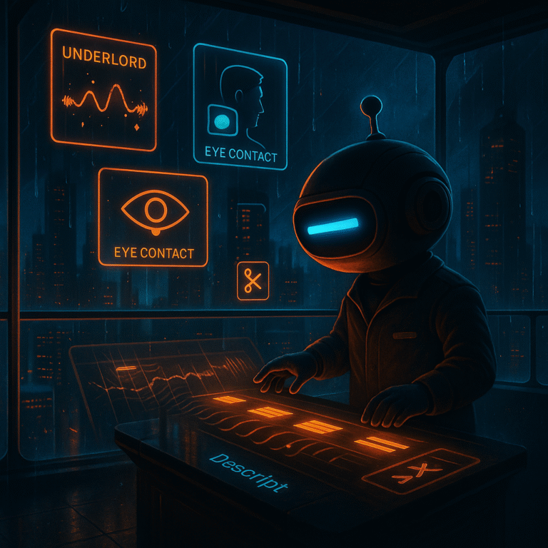 Robot mascot with a single cyan dash eye edits on a skybridge at night, moving words on a glowing transcript as a large timeline ripples; feature icons (Underlord, Eye Contact, scissors) float nearby; desk label says Descript.