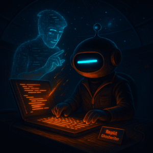 Robot mascot with a single cyan dash eye types at a glowing laptop in a dark observatory while a translucent cyan ghost made of code suggests edits; a small plaque says “Replit Ghostwriter.”
