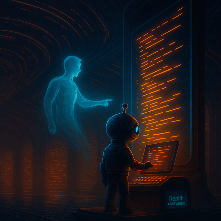Robot mascot with a single cyan dash eye works at a tall terminal as a translucent cyan ghost points at flowing orange code; a small plaque on the console says “Replit Ghostwriter.”