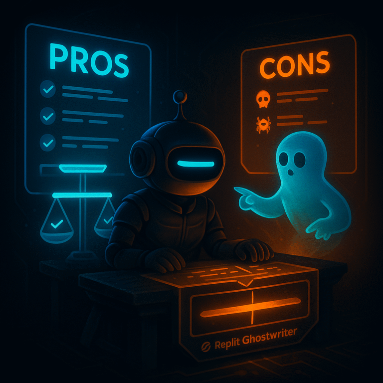 Robot mascot with a single cyan dash eye evaluates a cyan “PROS” panel and an orange “CONS” panel while a ghostly co-author points at the console; a small label says Replit Ghostwriter.