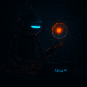 AInstain, the flat tech robot with one cyan dash eye, reaches toward a glowing orange orb as subtle icons float behind; a small console label says “Meta AI.”