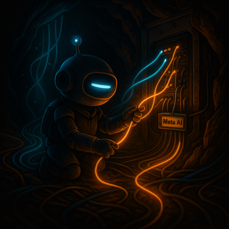 AInstain, the robot with one cyan dash eye, reconnects glowing cables at an underground switchboard; a small tag on the panel says “Meta AI.”