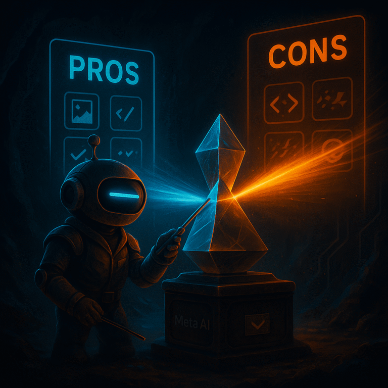 Robot mascot with a single cyan dash eye uses a prism to split an orange beam toward cyan “PROS” and orange “CONS” hologram panels; a small plinth label says “Meta AI.”