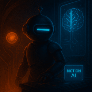AInstain robot beside a holographic brain interface labeled Motion AI, under blue and orange sci-fi lighting.