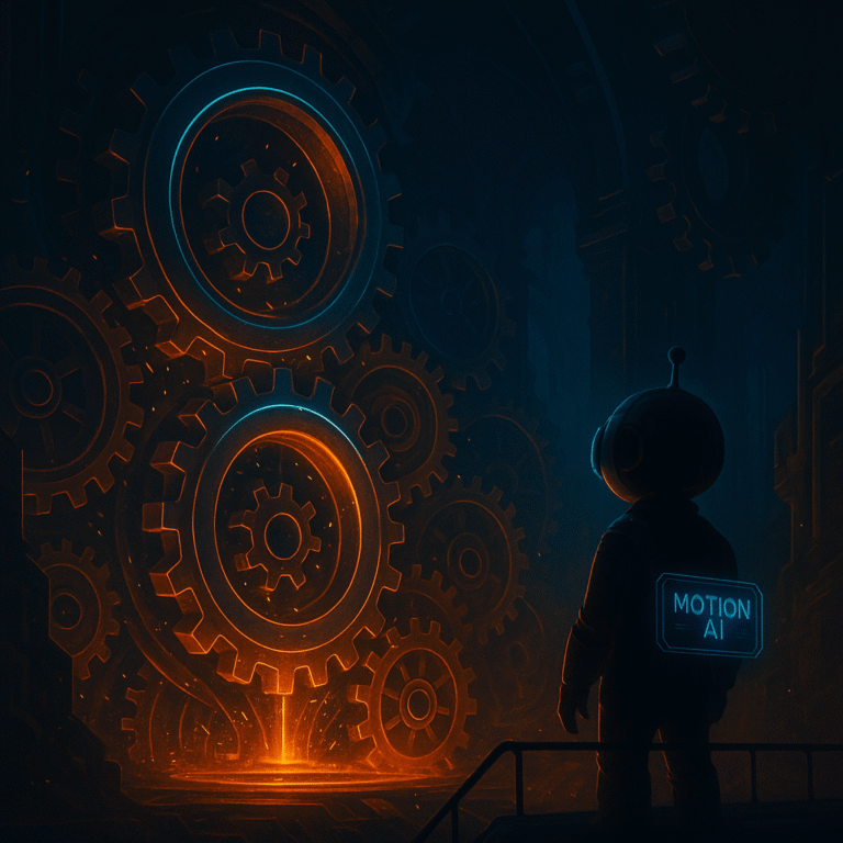 AInstain overlooking massive glowing gears in a futuristic forge chamber labeled Motion AI, lit by orange and cyan light.