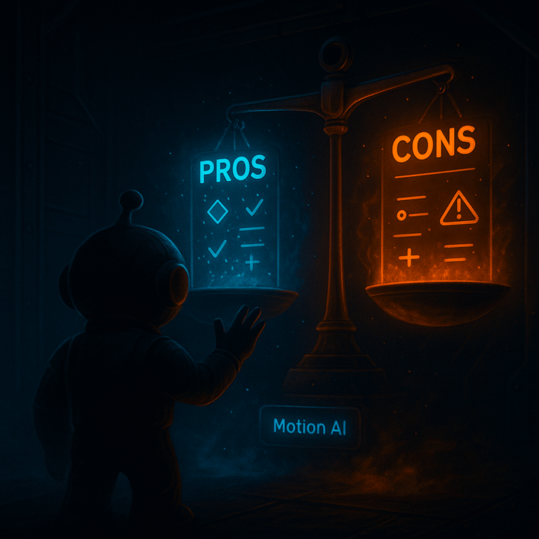 AInstain robot in a dark sci-fi room observing a holographic balance scale glowing blue and orange labeled PROS and CONS.