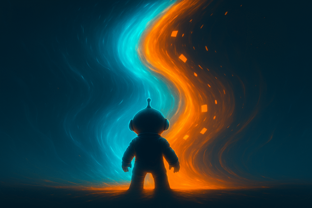 AInstain robot facing converging orange and cyan energy waves representing productivity flow.