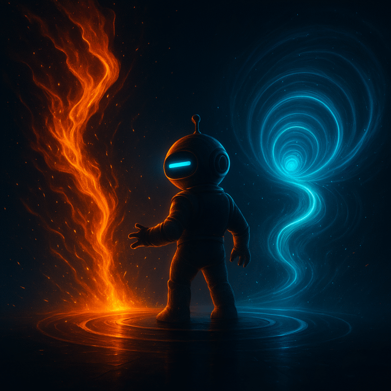 AInstain robot facing two swirling energy forces, orange and cyan, representing Akiflow’s Pros and Cons.