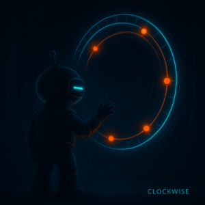 AInstain robot examining a glowing holographic timeline with orange nodes in a dark sci-fi chamber.
