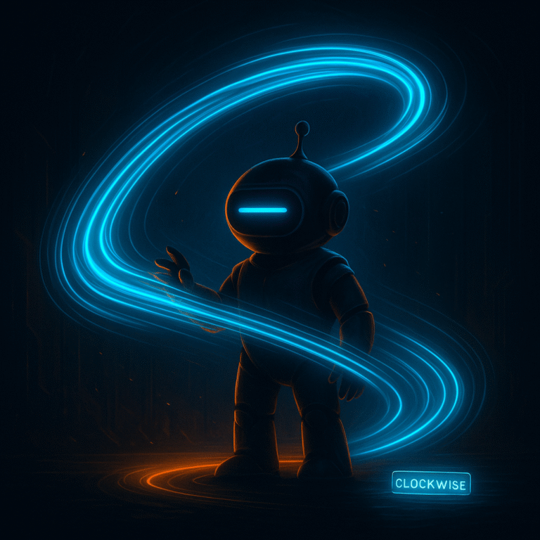 AInstain robot guiding curved neon-blue light trails in a dark sci-fi environment, representing focused time management.
