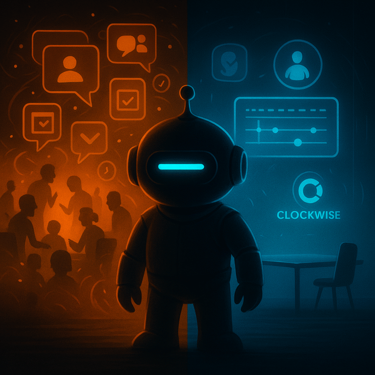 AInstain robot in a dark sci-fi room divided between chaotic orange meetings and calm cyan focus zone with a Clockwise hologram.