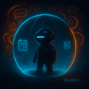 AInstain robot inside a glowing blue dome of calm surrounded by chaotic orange holograms representing meetings and distractions.