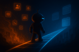 AInstain robot on a neon bridge dividing orange chaos and blue organization, facing forward with glowing cyan eye.