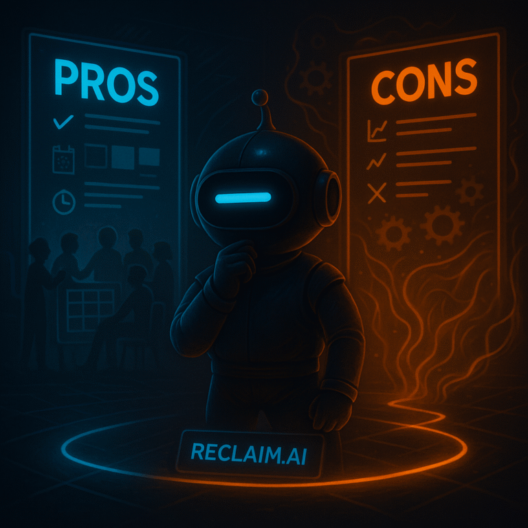 AInstain robot between two glowing holographic panels showing Reclaim.ai pros and cons in orange and cyan light.